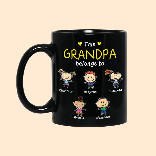 Personalised Family Portrait Lovely Grandpa Grandma Mom Dad Belongs To Me Black Ceramic Mug  with C-type Handle