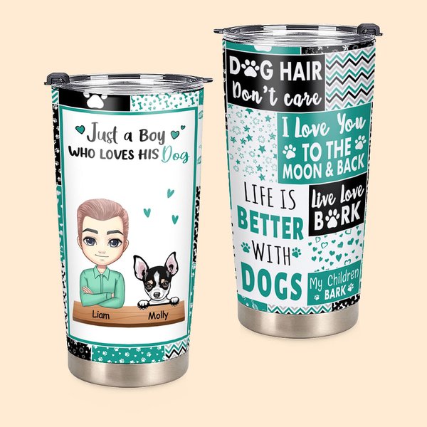 Spersonalizowany kubek termoizolacyjny ze stali nierdzewnej Just a Boy Who Loves His Dog 20oz z pokrywką do zimnych i gorących napojów, prezent dla miłośników psów
