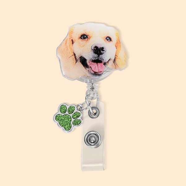 Personalized Painting Style Pet Portrait Badge Reel with Glitter Paw Print Charm for Veterinary Nurse Pet Lover Gift