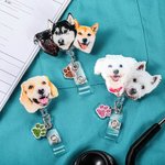 Personalizada Pintura Estilo Pet Retrato Insignia Carrete con Glitter Paw Print Charm para Veterinario Enfermera Pet Lover Regalo