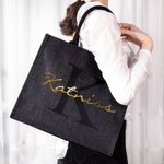 Personalisierte Schwarze Flachs Tragetasche mit Namen und Initiale Geburtstag Hochzeit Party Geschenk für Damen