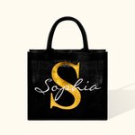 Personalisierte Schwarze Flachs Tragetasche mit Namen und Initiale Geburtstag Hochzeit Party Geschenk für Damen