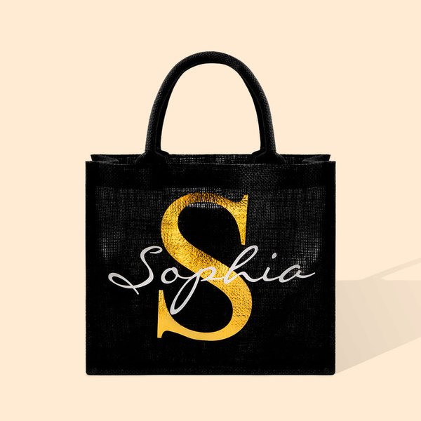 Sac Noir Personnalisé avec Nom Initiale Sac à Main en Jute Cadeau Anniversaire Fête pour Femme