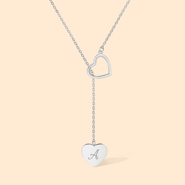Personalised Dainty Double Heart Lariat Sterling Silver Necklace with Engraved Initial Mother's Day Anniversary Gift for Women