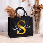 Personalisierte Schwarze Flachs Tragetasche mit Namen und Initiale Geburtstag Hochzeit Party Geschenk für Damen