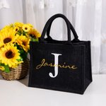 Personalisierte Schwarze Flachs Tragetasche mit Namen und Initiale Geburtstag Hochzeit Party Geschenk für Damen