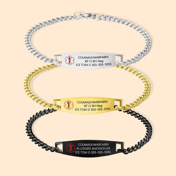 Personalizada de acero inoxidable de emergencia unisex de alerta médica pulsera de identificación con mensajes grabados regalo de cumpleaños pensativo