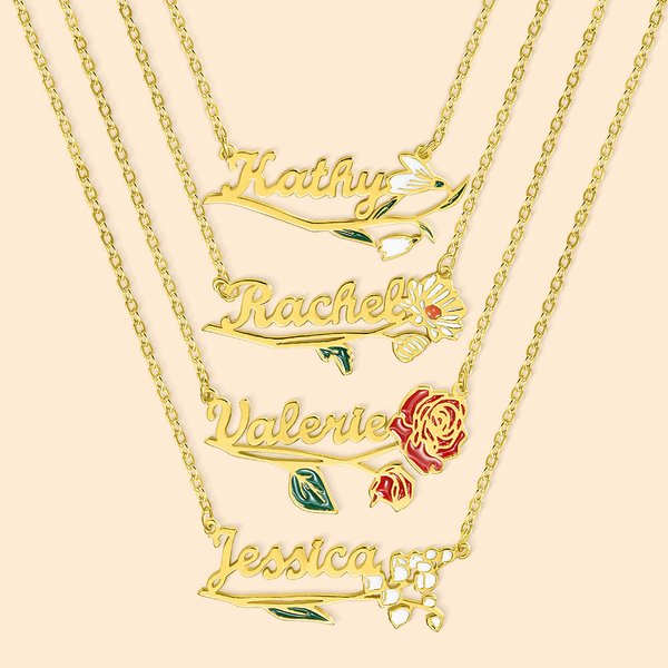Chaîne avec Nom Personnalisé Collier de Fleur de Naissance Cadeau d'Anniversaire pour Elle