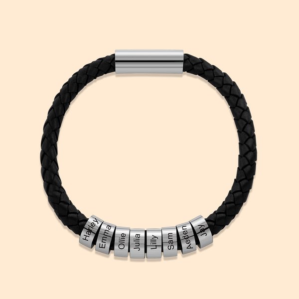 Personalized 1-8 Beads Braided Leather Men's Bracelet with Name Father's Day Birthday Gift for Him