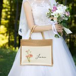 Personalisierte Leinen Jute Geburt Blume Strand Tragetasche mit Namen Geburtstag Hochzeit Geschenk für Frauen