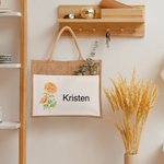 Personalisierte Leinen Jute Geburt Blume Strand Tragetasche mit Namen Geburtstag Hochzeit Geschenk für Frauen