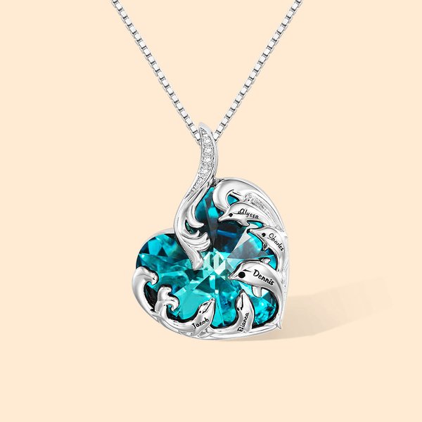 Personalised Dolphin Crystal Necklace Ocean Wave Heart Necklace Gift for Her Birthday Mother's Day Gift
