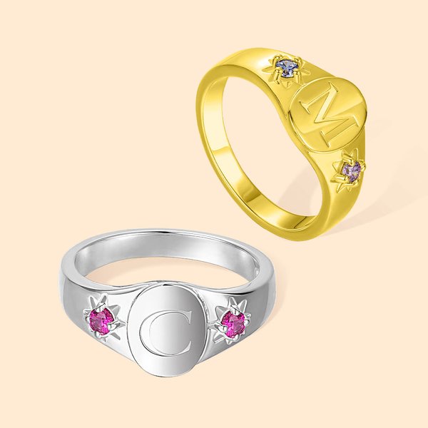 Personalizada de plata de ley Piedras preciosas Birthstones Signet Elegante Anillo Inicial Anillo Dainty