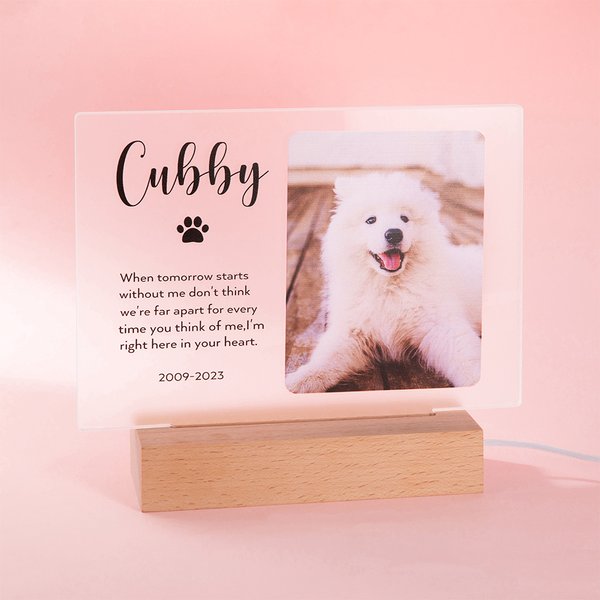 Henkilökohtainen lemmikkieläinten valokuvamuistomerkki LED-yövalo puupohjalla Pet Loss Sympathy Gift for Pet Lovers