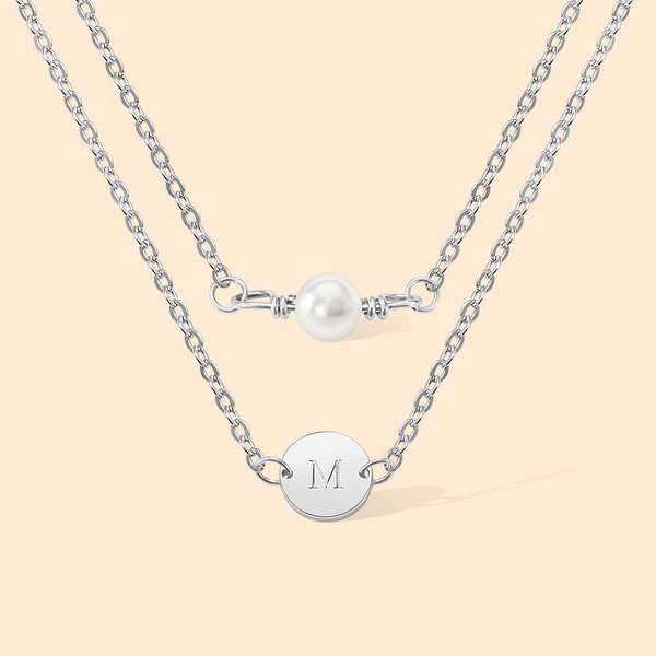 Personalised Pearl Layered Initial Disc Sterling Silver Necklace Birthday Anniversary Christmas Gift for Woman Girlfriend