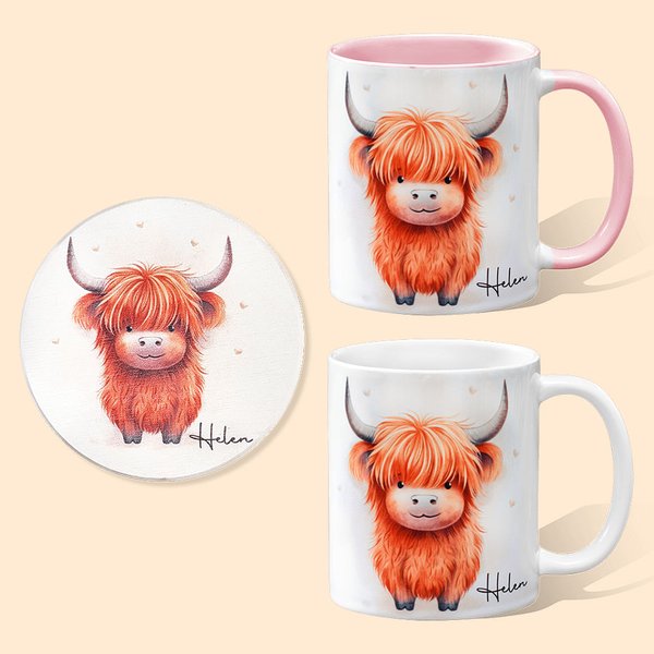 Personalised 11oz Highland Cow Double-Sided Print Ceramic Mug Matching Coaster Available Christmas Gift for Cow Lovers Family Friends