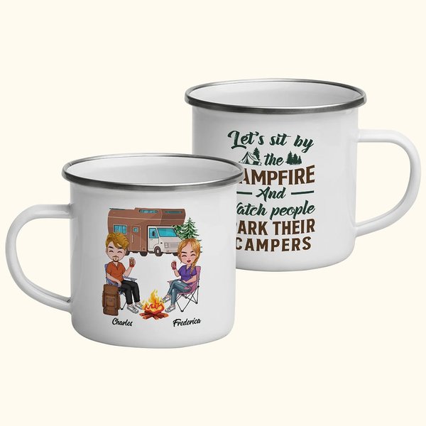 Personalized Let's Sit by Campfire and Watch People Park Their Campers 11oz Enamel Mug  for Camping Lover Holiday Gifts