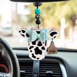 Personalised Highland Cattle Cow with Bow Rear View Mirror Wood Car Charm with Engraved Name Tag Birthday Gift for Cow Lover