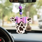 Personalised Highland Cattle Cow with Bow Rear View Mirror Wood Car Charm with Engraved Name Tag Birthday Gift for Cow Lover