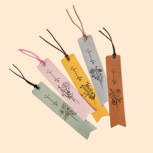 Marque-page en Cuir PU Personnalisé avec Nom et Fleur de Naissance Cadeau Anniversaire pour Amoureux de Lecture Amis Étudiants