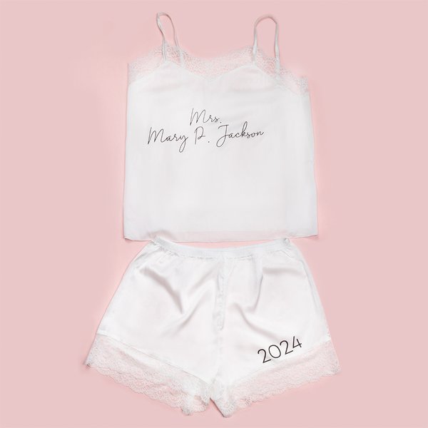 Pigiama intimo da sposa in pizzo personalizzato con testo e data Regalo per la luna di miele per la sposa Donna moglie
