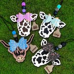 Personalised Highland Cattle Cow with Bow Rear View Mirror Wood Car Charm with Engraved Name Tag Birthday Gift for Cow Lover