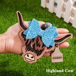 Personalised Highland Cattle Cow with Bow Rear View Mirror Wood Car Charm with Engraved Name Tag Birthday Gift for Cow Lover
