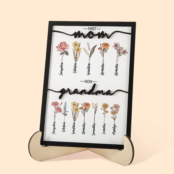 Gepersonaliseerde First Mom Now Grandma Geboorte Bloementuin Houten Plaquette Frame Teken met Kindernaam Moederdag Kerst Home Decor Cadeau voor Oma Mamma