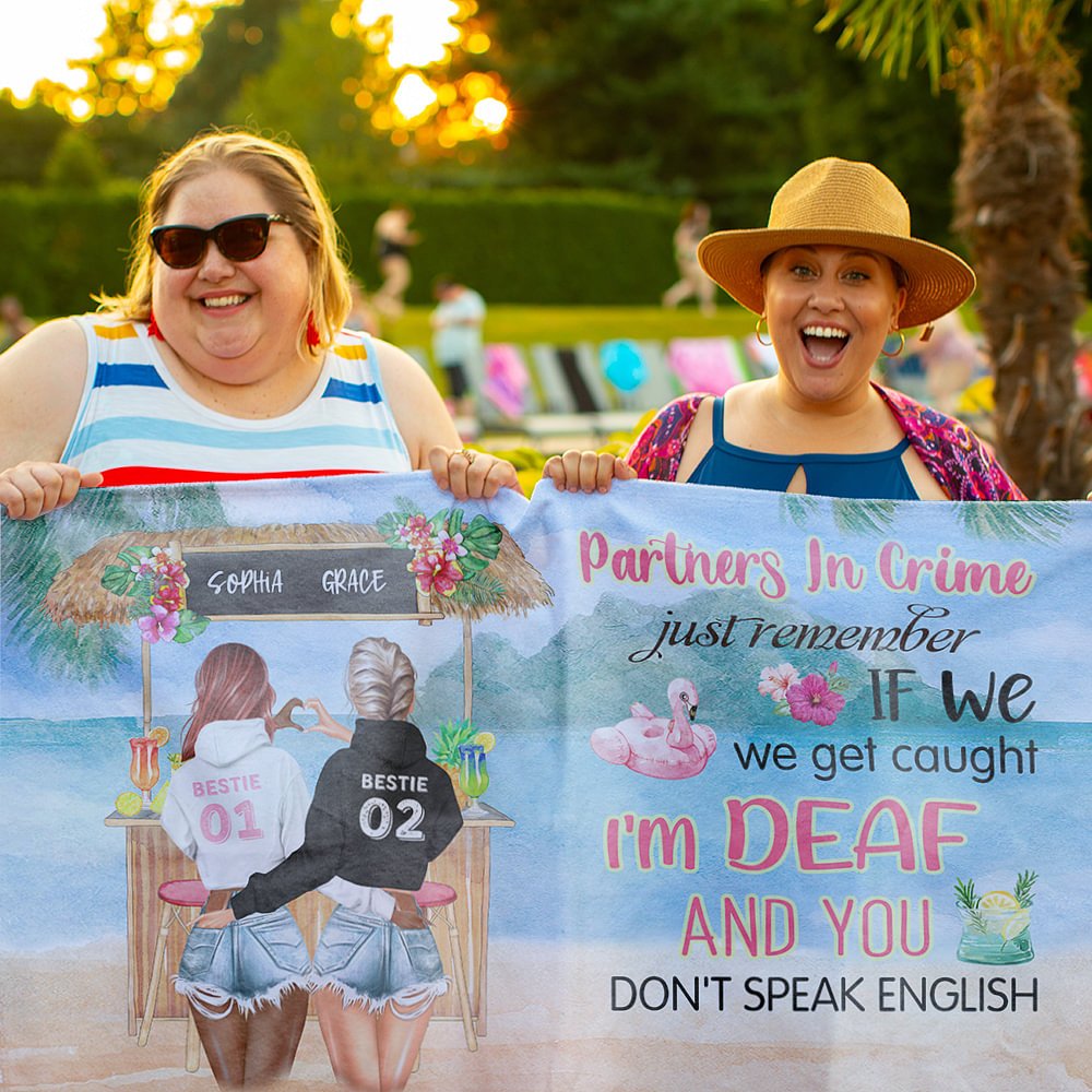 Personalizada Partners In Crime Just Remember If We Get Caught I Am Deaf And You Do Not Speak English Toalla de Playa Suave y Absorbente Regalo de Mejores Amigos 2