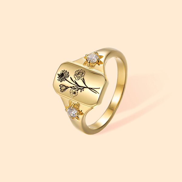 Personalised Engraved Family Birth Flower Bouquet Sterling Silver Ring Adorned with Zircon Birthday Mother's Day for Women