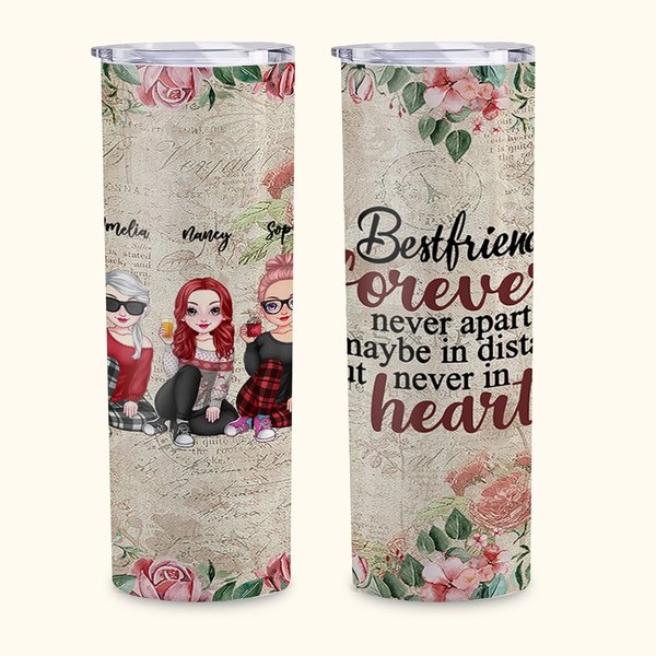 Spersonalizowany kubek dla siostry Best Friends Forever Never Apart Vintage Rose Straight Skinny Tumbler