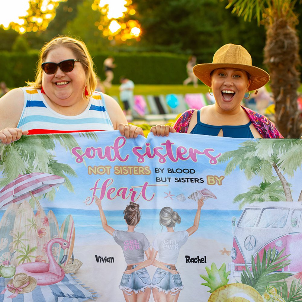 Toalla de playa personalizada Summer Tours Soul Sisters Not Sisters By Blood But Sisters By Heart Soft And Absorbent Best Friends Gift 2