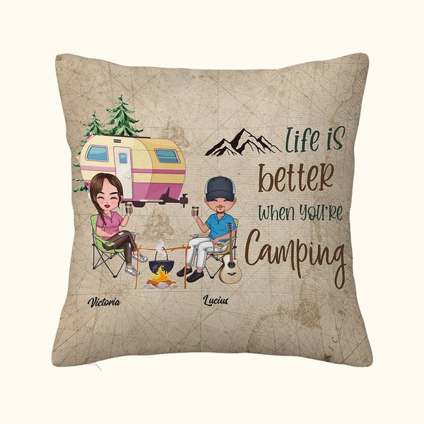 Personalizado La vida es mejor cuando estás de camping Funda de almohada de lanzamiento Cumpleaños Aniversario Regalo para Camping Pareja Dormitorio Decoración