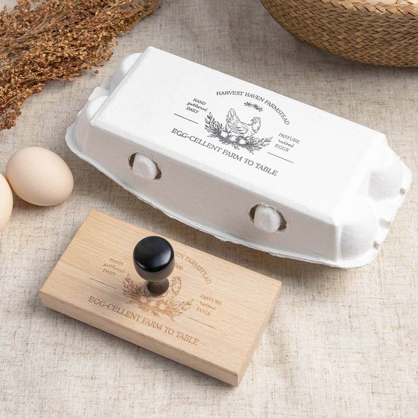Sello de cartón de madera para huevos con asa y texto personalizado grabado Hoja Flor Nido de pollos Mercado de granjeros Regalo de cumpleaños para un amigo de la familia