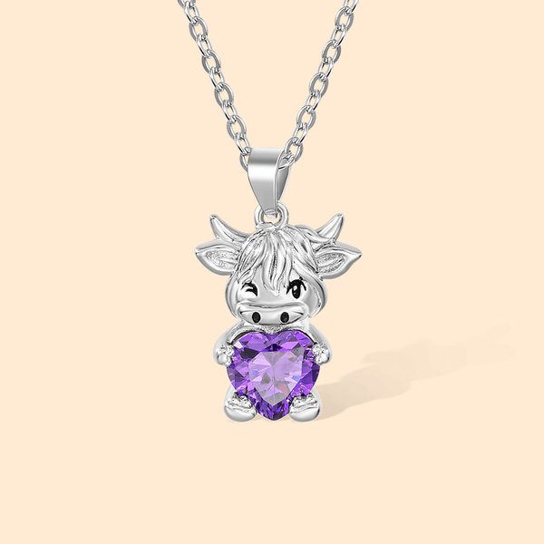 Personalisierte Sterling Silber Highland Kuh Halskette mit Herz Geburtsstein Muttertag Geburtstag Jahrestag Geschenk für Highland Cow Lovers