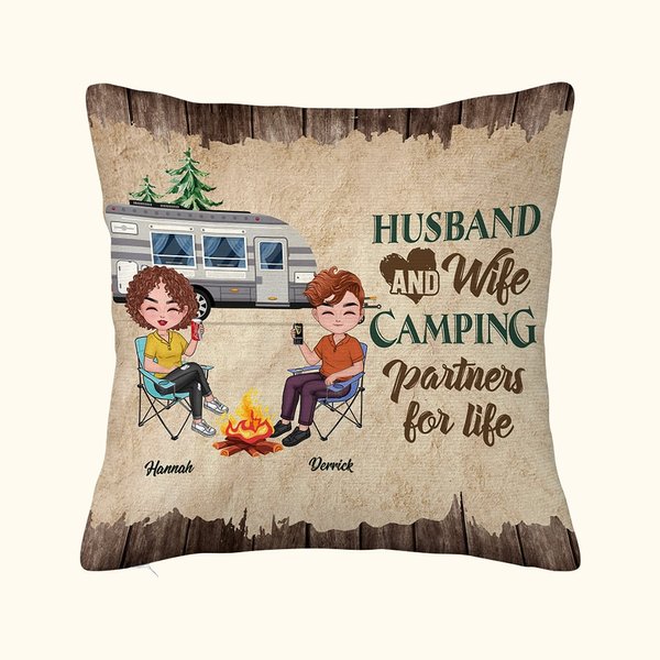 Personalised Husband And Wife Camping Partners for Life Throw Pillow Cover Gift for Camping Couple Room Decoration