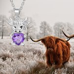 Collar personalizado de plata de ley con la vaca Highland Corazón Birthstone Día de la Madre Cumpleaños Aniversario Regalo para los amantes de la vaca Highland