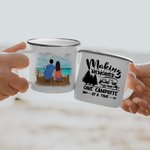 Taza esmaltada personalizada Making Memories One Campsite At A Time Sea and Bridge para exterior e interior Regalo de Navidad Regalo de Acción de Grac