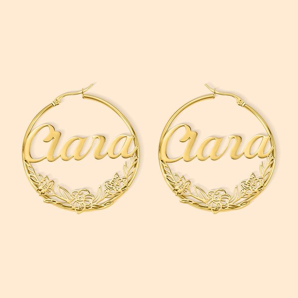 Personalised Birth Flower Wreath Large Hoop Earrings with Name Birthday Bridal Party Gift for Her