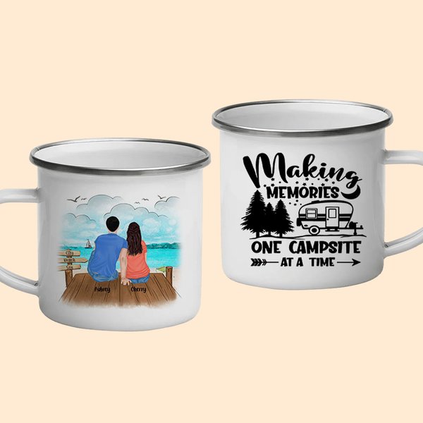 Taza esmaltada personalizada Making Memories One Campsite At A Time Sea and Bridge para exterior e interior Regalo de Navidad Regalo de Acción de Grac