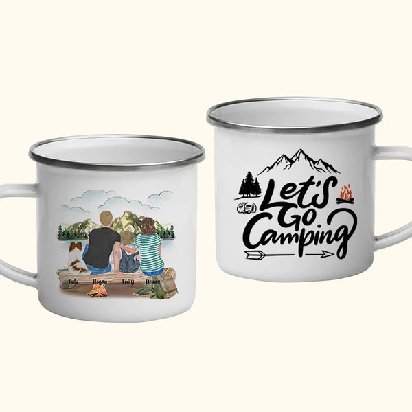 Tasse en émail personnalisée Let's Go Camping Tasse à thé de camping avec poignée Liquides chauds ou froids pour réunion de famille Fête Camping Pique