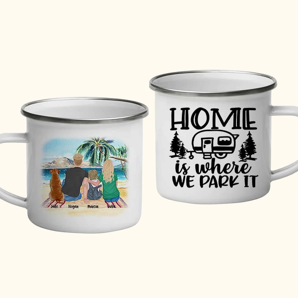 Personlig Home Is Where We Park It Beach Camping Family Emaljmugg med handtag för te kaffe varm choklad Alla hjärtans dag present 1