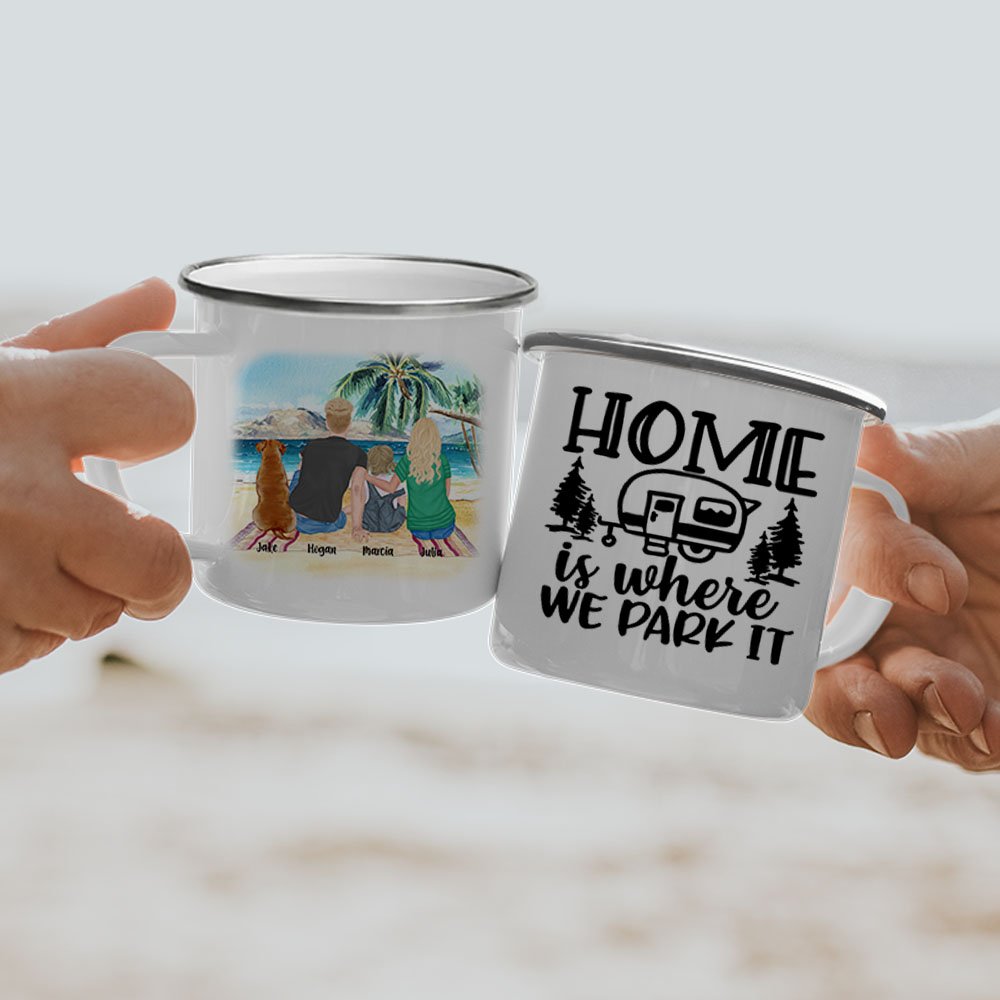 Personlig Home Is Where We Park It Beach Camping Family Emaljmugg med handtag för te kaffe varm choklad Alla hjärtans dag present 4