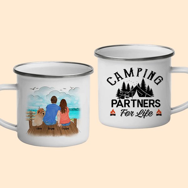 Taza esmaltada personalizada Camping Partners For Life Family Camping Couple with Pet Dog 11oz Christmas Gift Thanksgiving Gift Birthday Gift