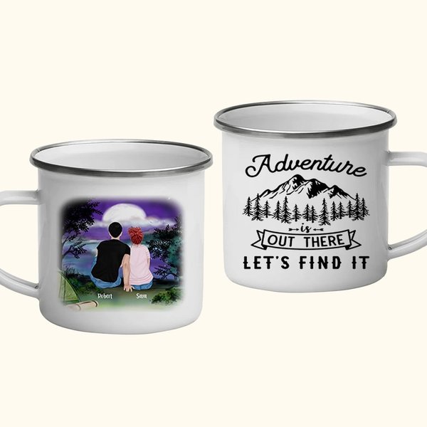 Spersonalizowany kubek emaliowany Adventure Is Out There Let's Find It 11oz Night Family Camping z uchwytem Przenośny, lekki i łatwy do czyszczenia prezent urodzinowy