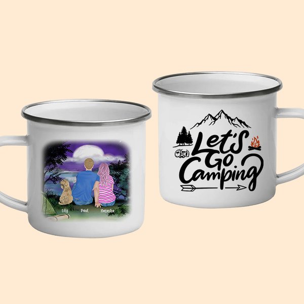 Spersonalizowany kubek emaliowany Let's Go Camping Couple with Pet Dog Family z uchwytem do łatwego czyszczenia na herbatę, kawę, gorącą czekoladę i prezent walentynkowy
