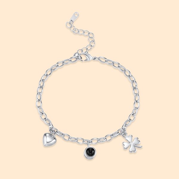 Personalisierte vierblättrige Kleeblatt Foto Projektion Armband Frauen Armband mit Ich liebe dich in 100 Sprachen Geschenk für Sie Memorial Geschenk J