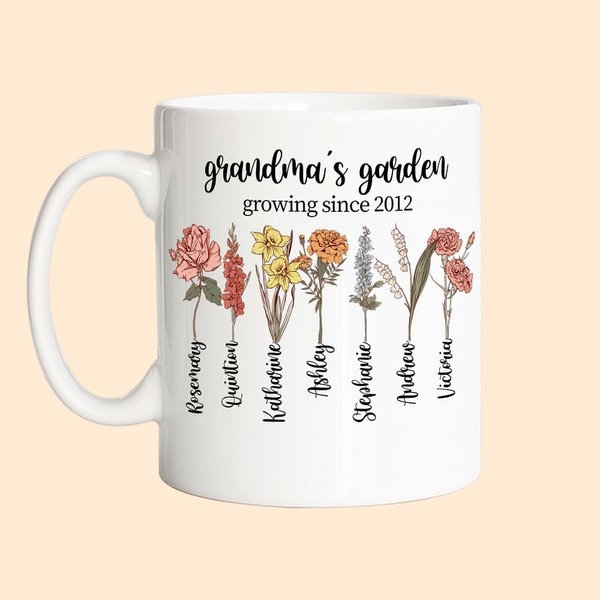 Personalized Birth Month Flower Mug Garden Coffee Cup Gift for Mom Grandma Grandparent Family Keepsake