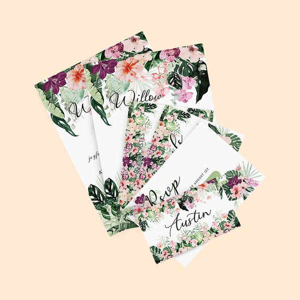 Personalisierte Hawaii-Stil Hochzeit Einladungs-Suite mit Gast Namen und Datum Set von 6 Hochzeit Gefälligkeiten für Ihre Gäste