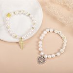 Personalised 6mm Round White Freshwater Shell Pearl Cross Stretch Bracelet for Religious Jewellery Christian Communion Confirmation Baptism Gift
